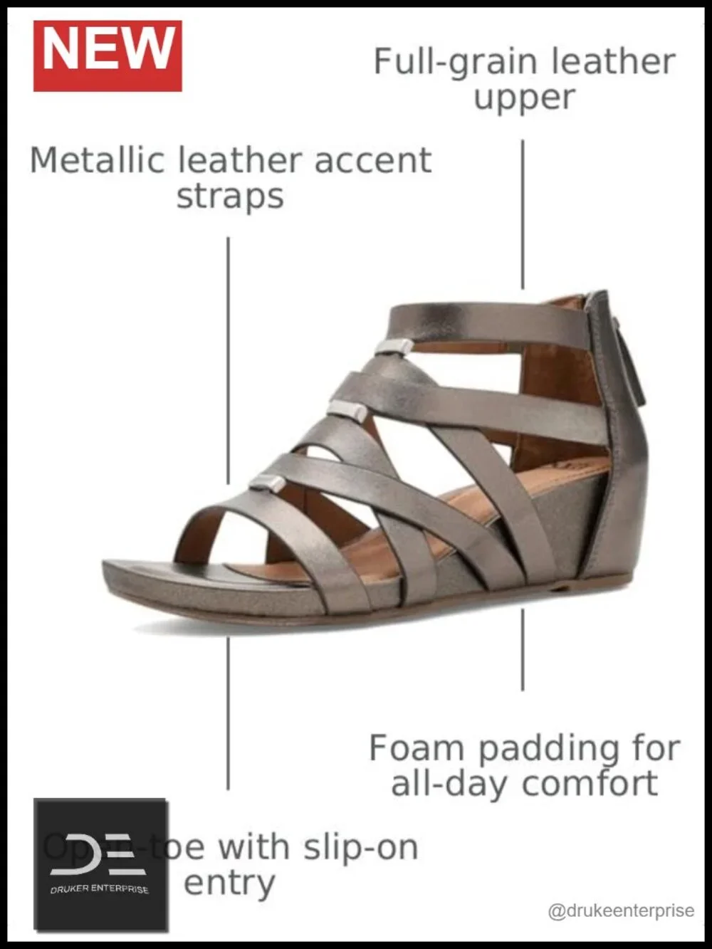 Women's Full-Grain Leather Wedge Sandals - Ankle Strap Zip Casual